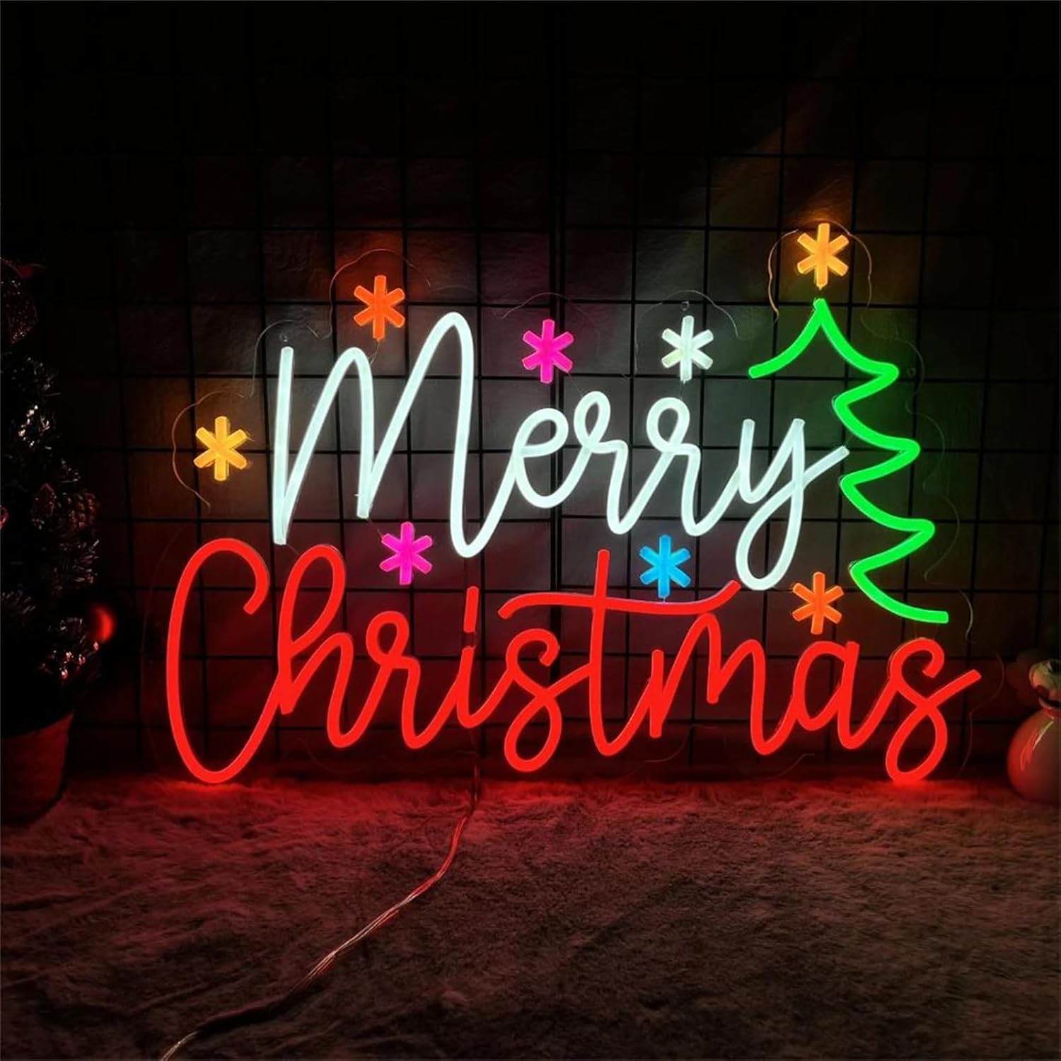 Lighting Home Decor Ideas - メリークリスマス ネオンサイン カラフルな星とツリー LED ウォールライト ホームショップウィンドウ