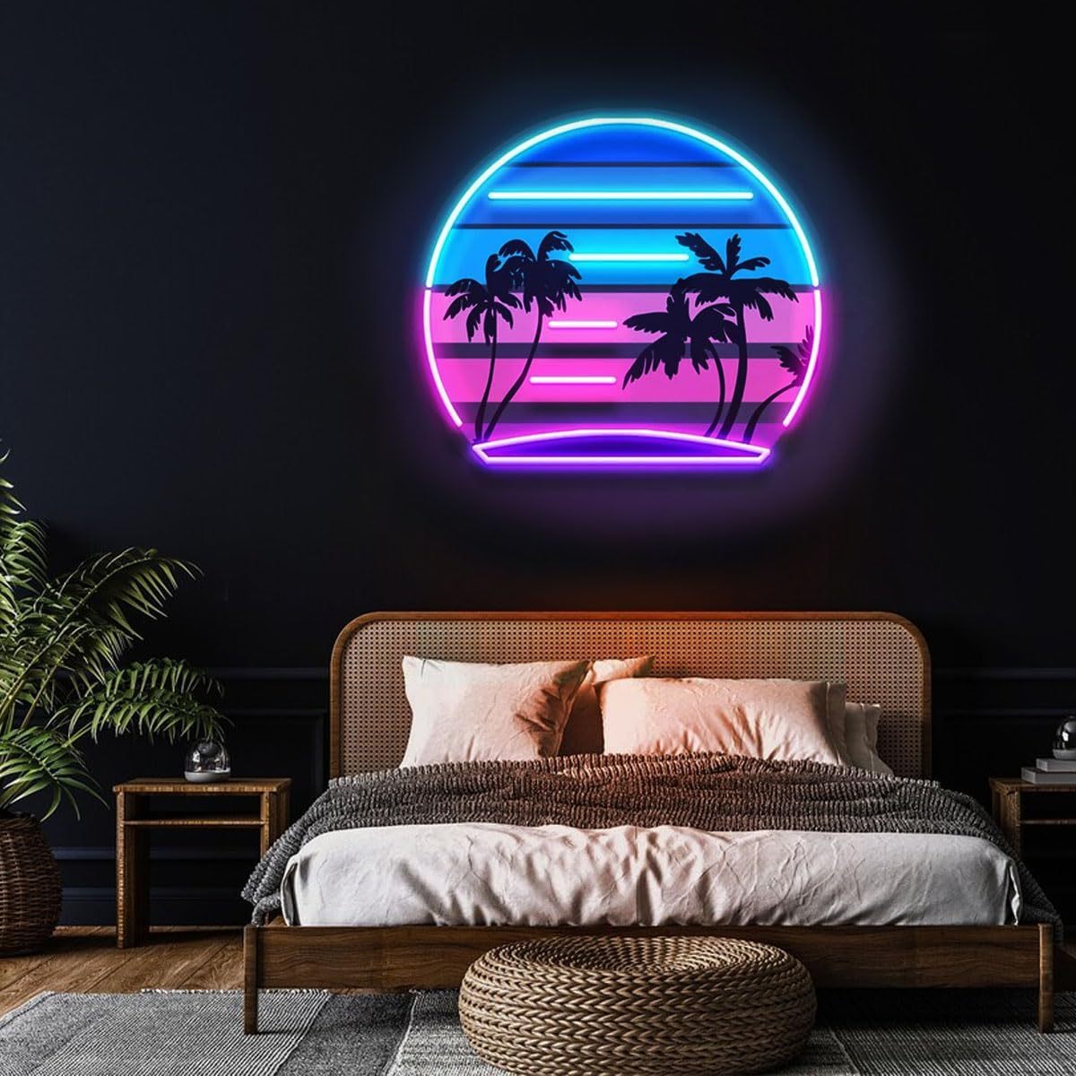 Wall Decor Lighting Tree - トロピカルレトロヴィンテージサンセットパームツリーアートワークLEDネオンサインライト、サンセットパームツリーネオンサイン、バー、パーティー、寝室の壁飾り用