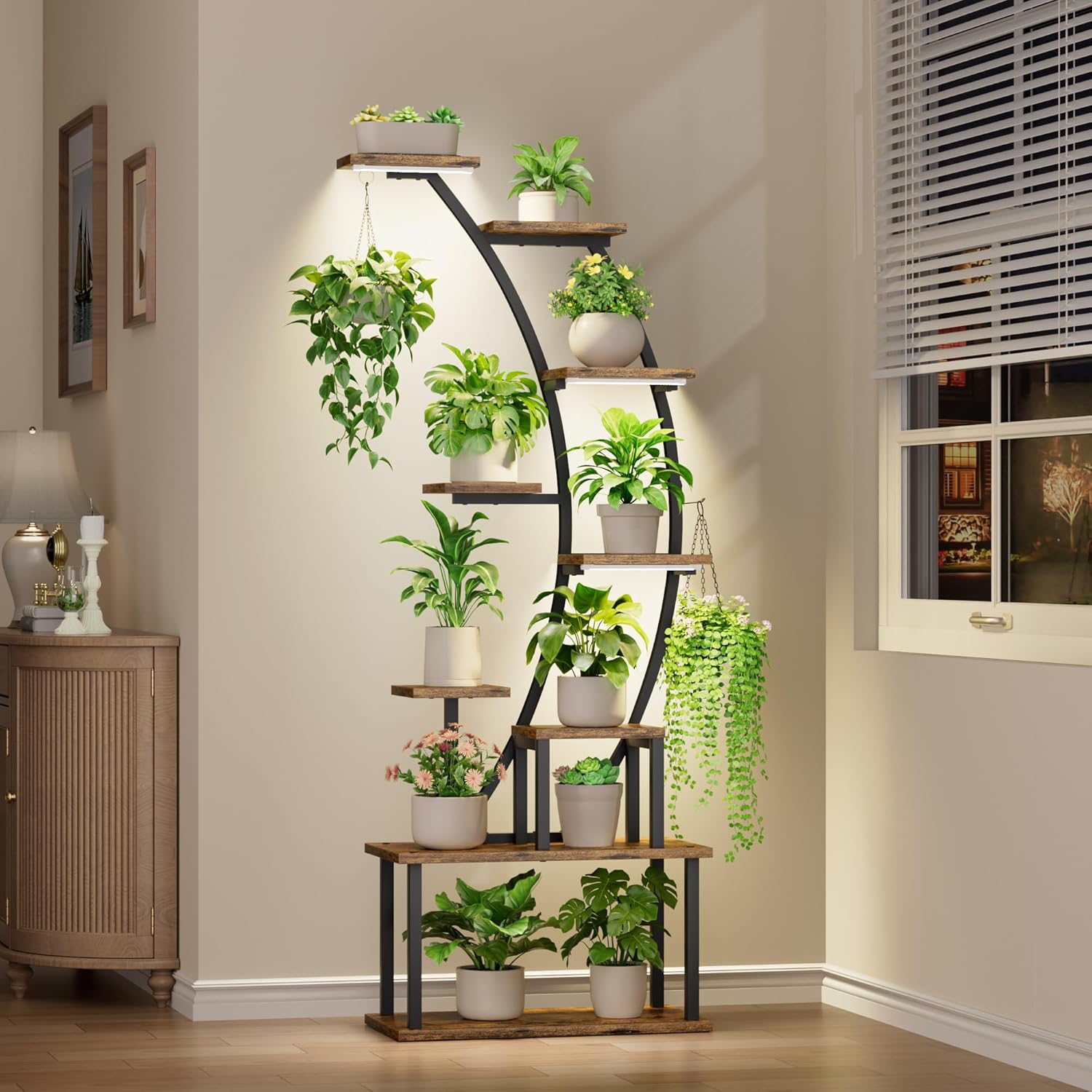 Lighting Decoration Stand - 室内植物スタンド（育成ライト付き）、9段コーナー植物ホルダー、高さ63インチの室内植物棚、リビングルーム、寝室、オフィス、家の装飾に最適