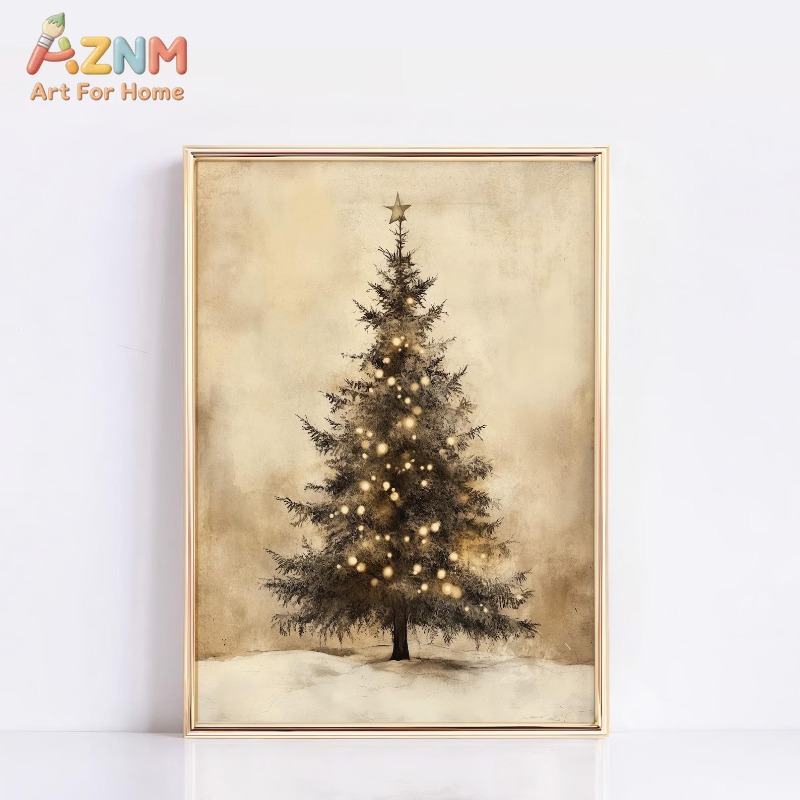 Wall Decor Lighting Tree - アンティーク調のクリスマスツリースターライト柄キャンバスポスタープリント、フレームレスウォールアート、お祝いのホリデー、居心地の良い冬のホームデコレーション