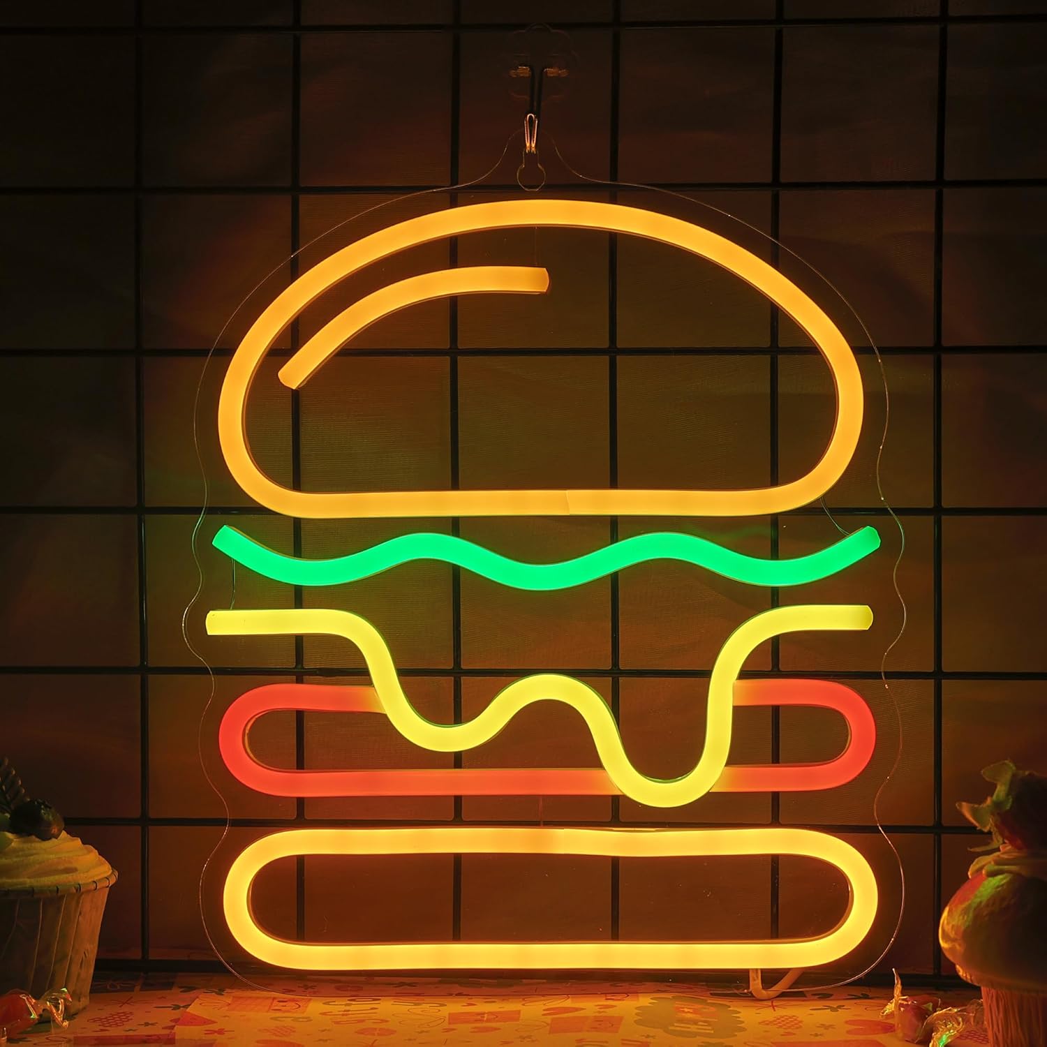Lighting Home Decor Ideas - ハンバーガーネオンサイン、重ねチーズLEDライト付き、ファストフードレストラン、バー、壁飾り、鮮やかなホームキッチン、カフェの装飾、ギフトに最適