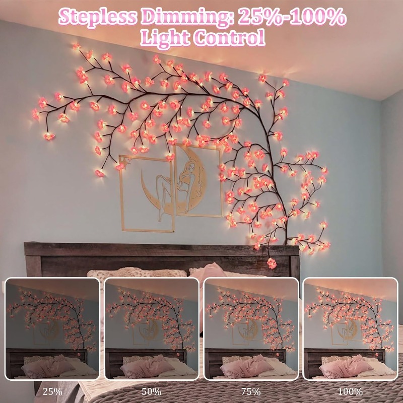 Wall Decor Lighting Tree - LED 桜の木の枝ライト 8 モード人工ピンク桜ガーランド リモコン付き、寝室や壁の装飾用