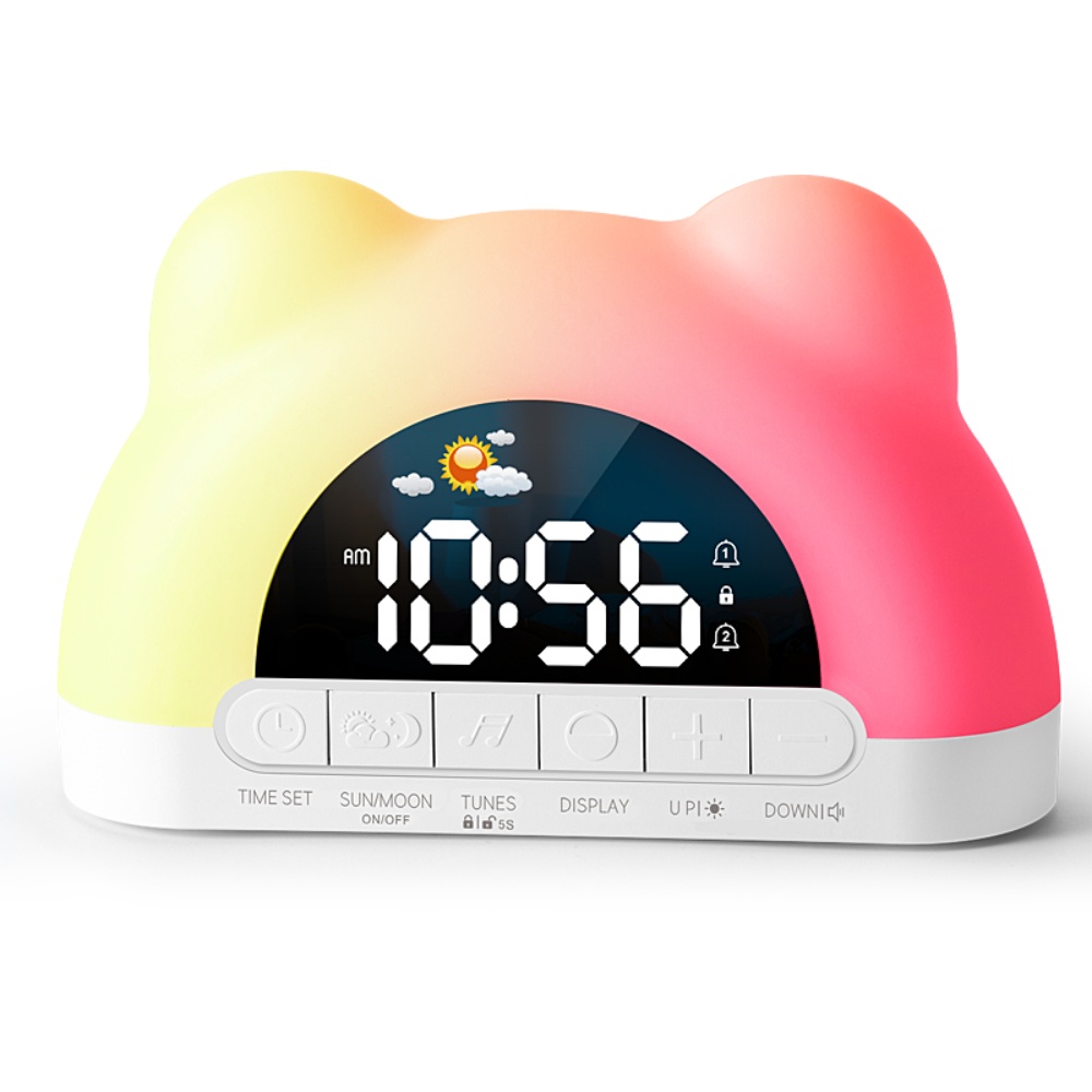 Lighting Decor Sunrise - サンライズデジタル目覚まし時計、カラフルなムードライト付き、2つのアラーム、ナイトモード、スヌーズ機能、12/24時間表示、寝室の装飾用LEDテーブルクロック