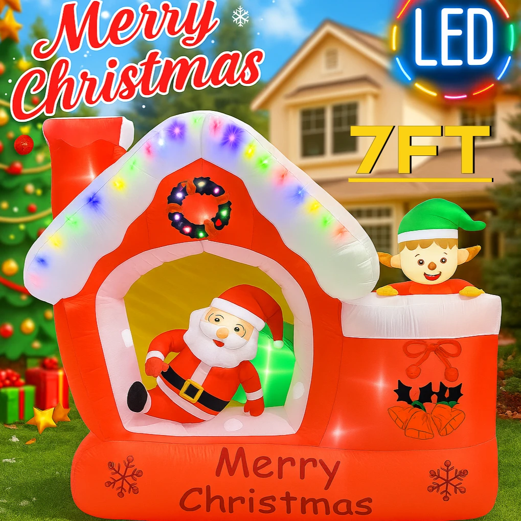 Santa'S Elves Holiday Lighting & Decor Llc - 7フィートの巨大なクリスマス用インフレータブルサンタクロースのおもちゃ、エルフの家、LEDライト付き、庭の芝生の装飾、ホリデーファミリーヤードパーティー用