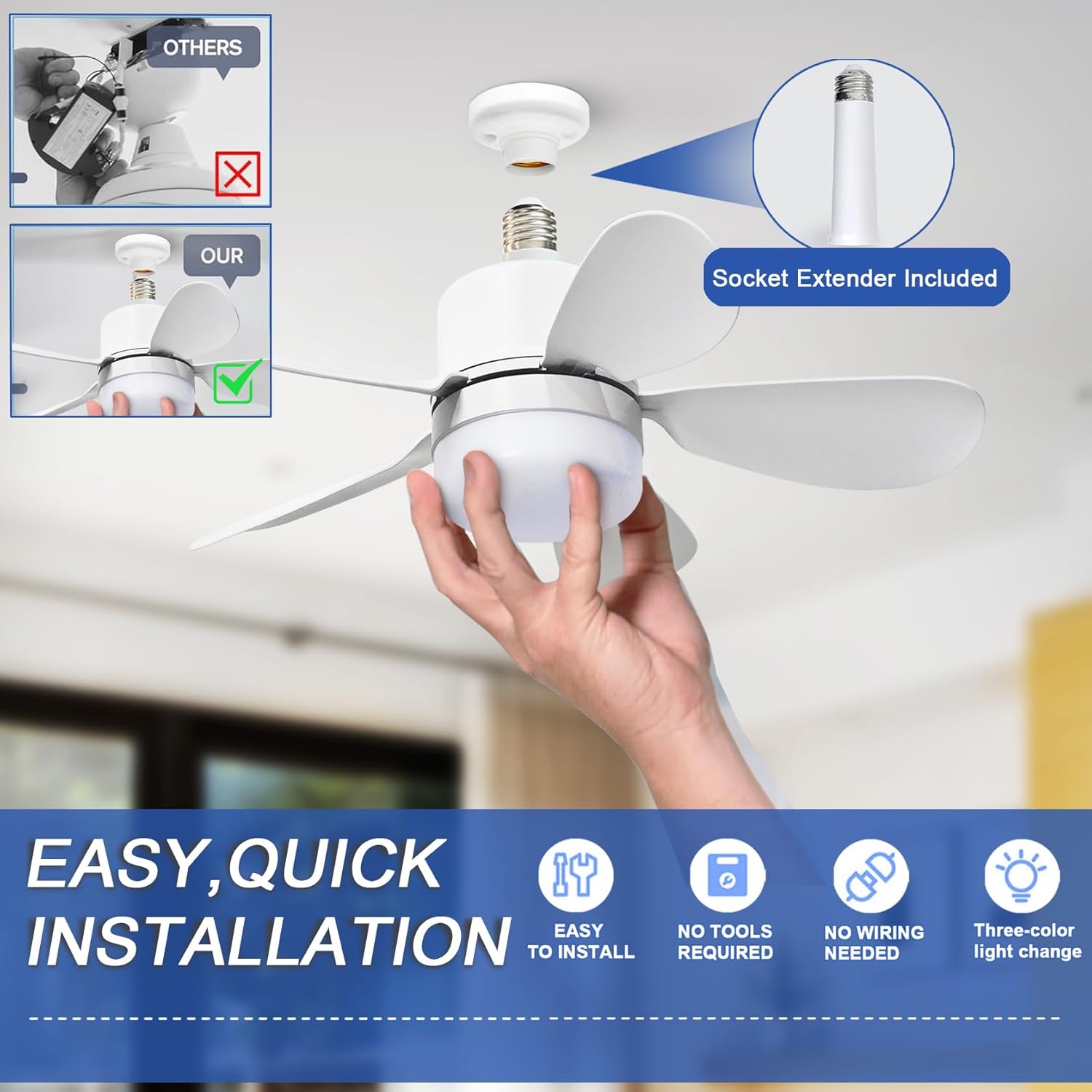 リモコン付きソケットファンライト、LED付き小型シーリングフ - Lighting Decoration For Home のレビューと価格