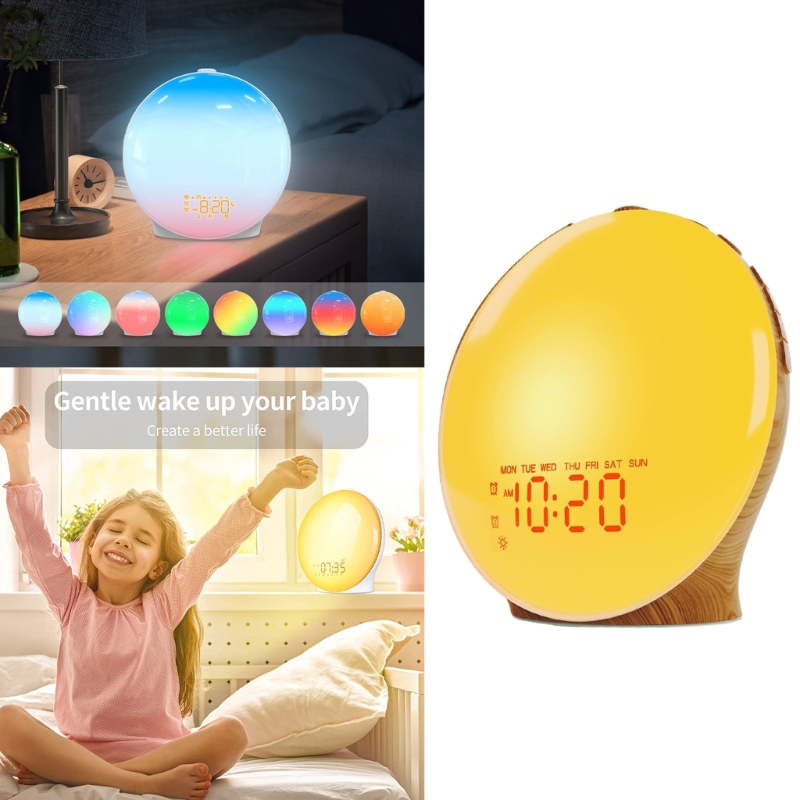 フルスクリーンLEDライトウッドグレイン穀物目覚まし時計付き - Lighting Decor Sunrise のレビューと価格
