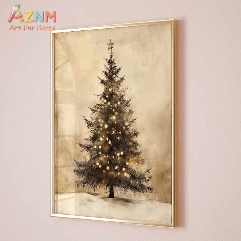 アンティーク調のクリスマスツリースターライト柄キャンバスポス - Wall Decor Lighting Tree のレビューと価格