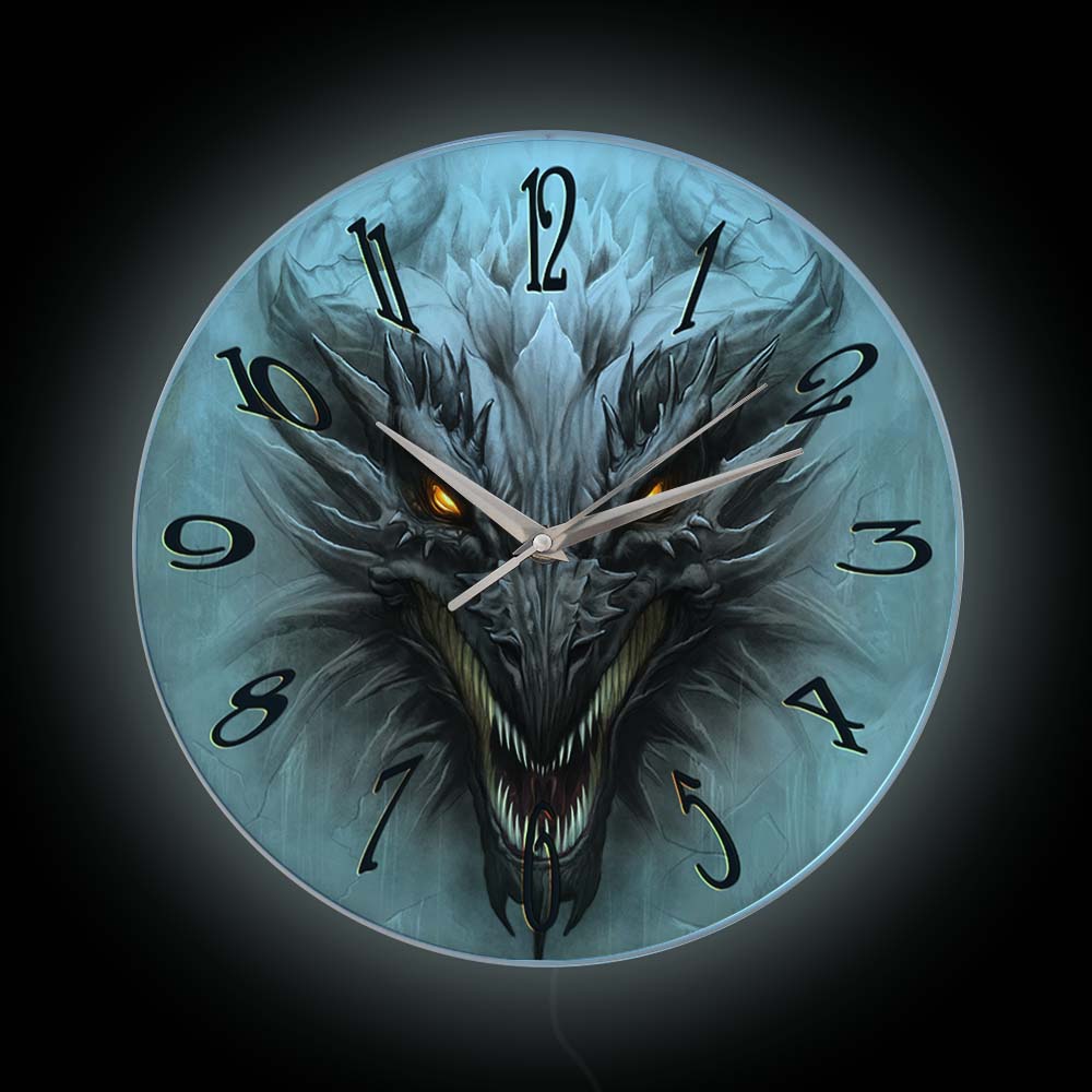 ゴシック邪悪なドラゴンヘッド発光プリント壁掛け時計 LED  - Lighting Home Decor Wall Clocks のレビューと価格