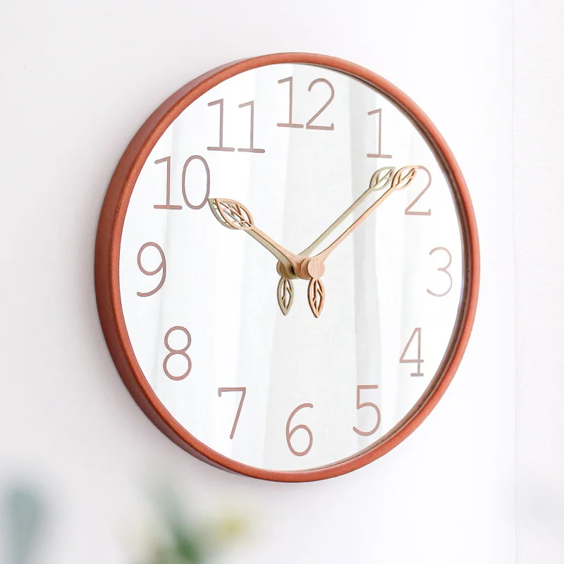 12インチの鏡面木製壁掛け時計、家の装飾用、シンプルな葉模様 - Lighting Home Decor Wall Clocks のレビューと価格
