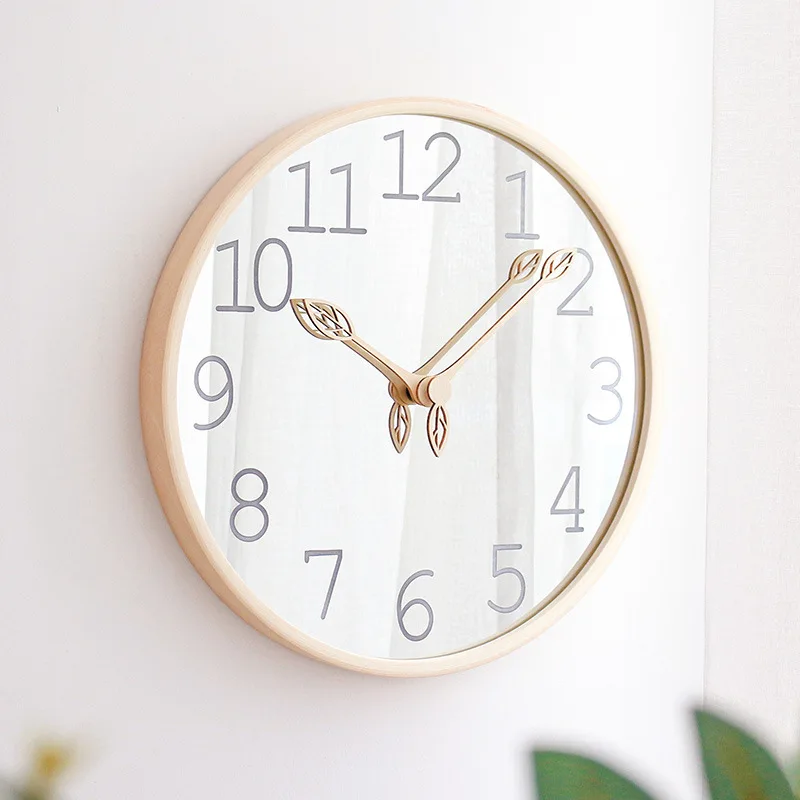 12インチの鏡面木製壁掛け時計、家の装飾用、シンプルな葉模様 - Lighting Home Decor Wall Clocks のレビューと価格