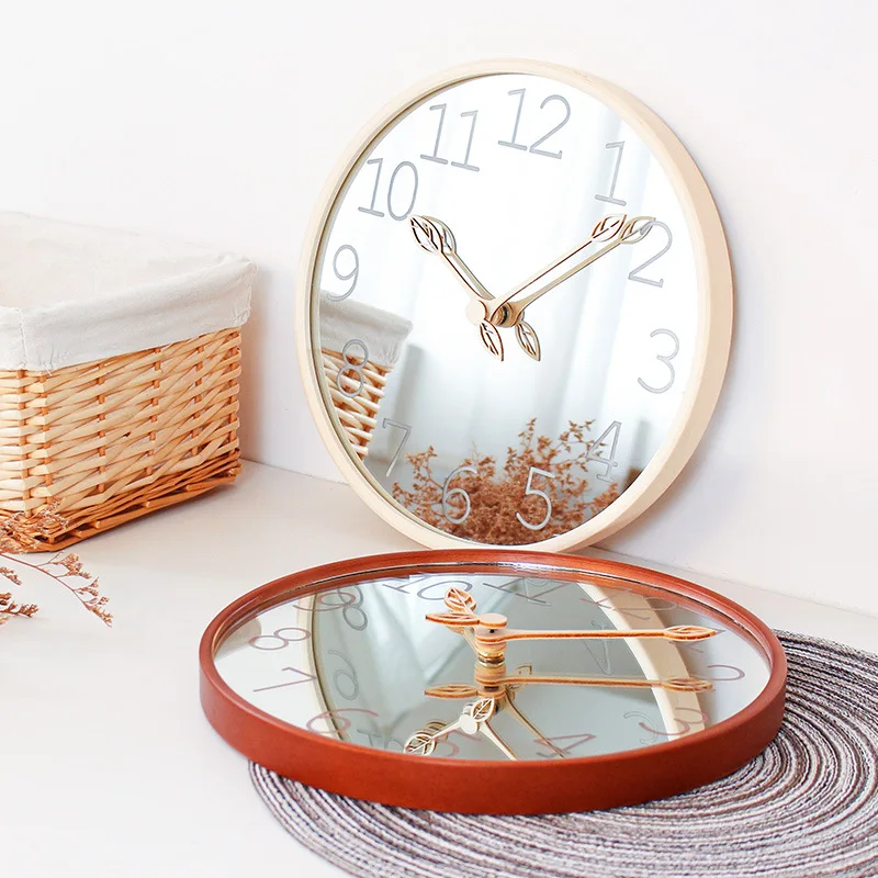 12インチの鏡面木製壁掛け時計、家の装飾用、シンプルな葉模様 - Lighting Home Decor Wall Clocks のレビューと価格