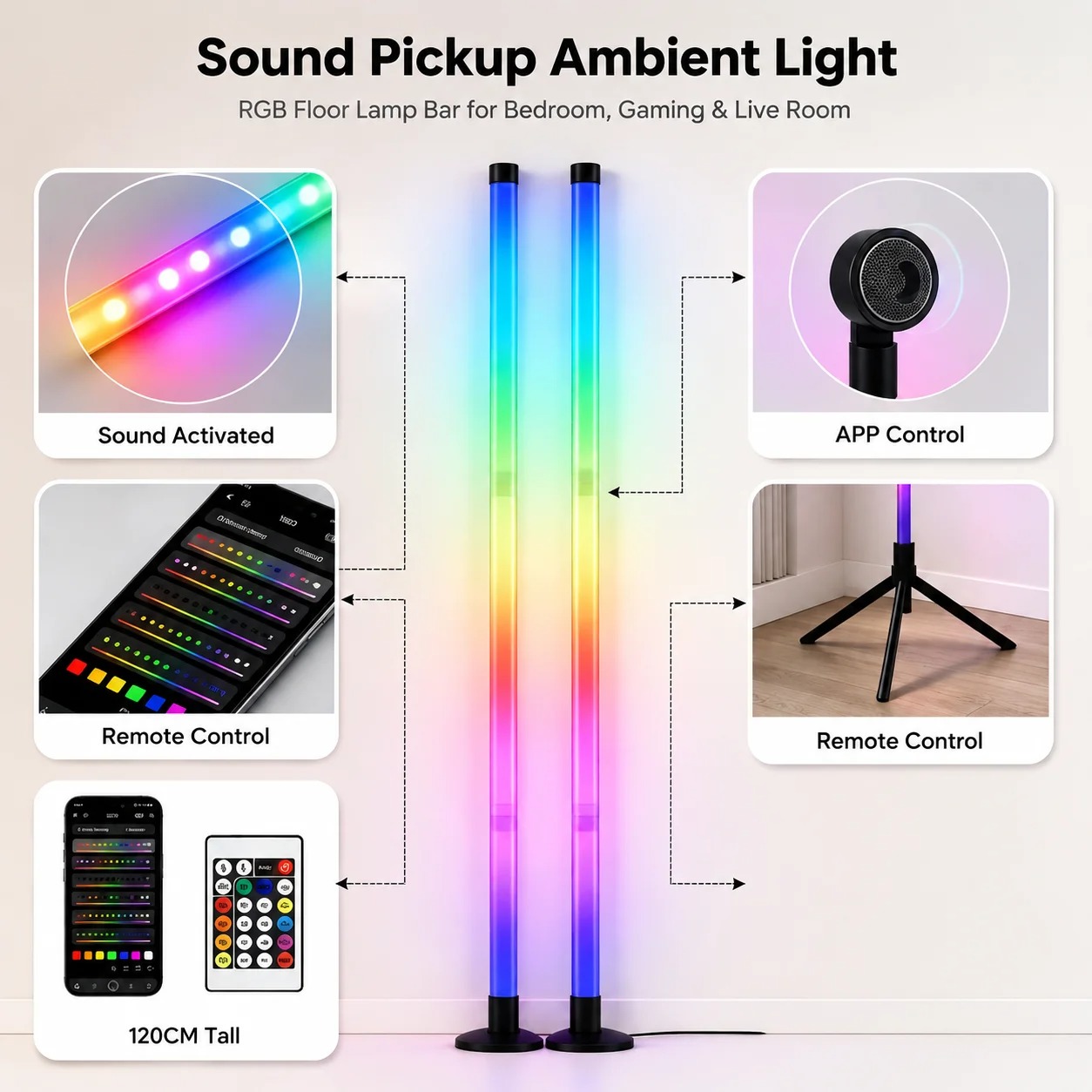 2個セット 120CM RGBフロアランプ、音に反応するLE - Lighting Decoration For Home のレビューと価格